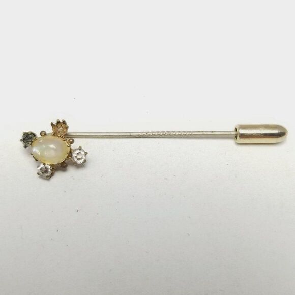 Vintage Rhinestone Stick PIn Brooch, Missing Stone, Oval Cabocohon Center Estate - Picture 2 of 6